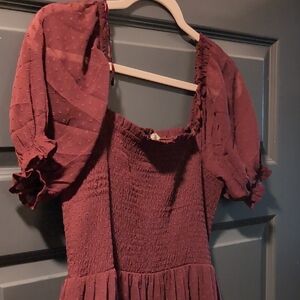Patrons of Peace Burgundy Puff-Sleeve Smocked Dress